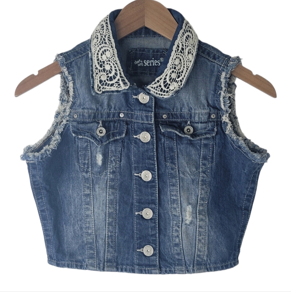 Vintage 90's Y2K Cropped Denim Jean Vest SMALL Lace Trim Dark Wash Grunge